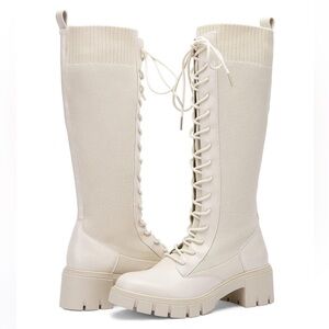 Vepose Women’s Knee High Lace Up Chunky Platform Boots Beige Combat Style